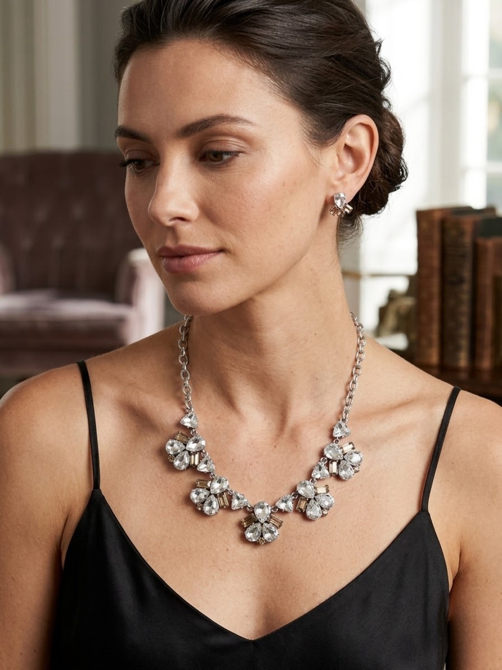Retired Stella & Dot Lila Silver Tone Crystal & Smoky Cluster Necklace